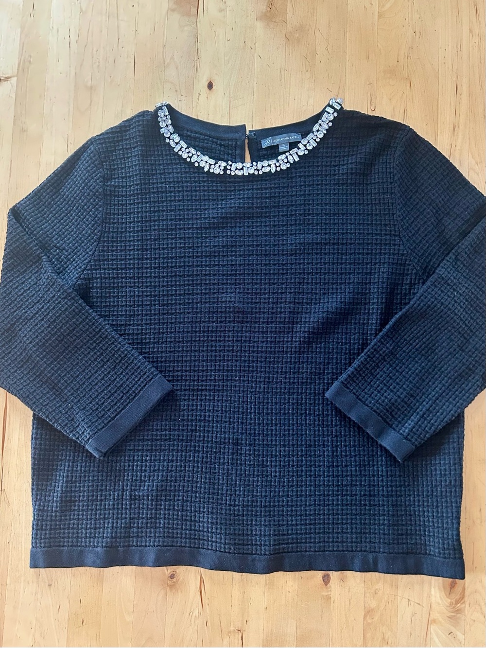 Adrianna Papell Black Waffle Knit Rhinestone Collar Blouse Top XL